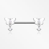 A Pair of Butterfly Sparkle Dangle Sparkle Nipple Barbell-Clear Gem