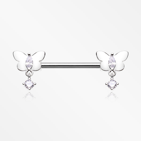 A Pair of Butterfly Sparkle Dangle Sparkle Nipple Barbell-Clear Gem
