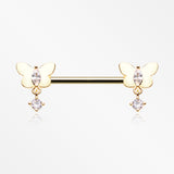 A Pair of Golden Butterfly Sparkle Dangle Sparkle Nipple Barbell-Clear Gem