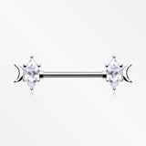 A Pair of Crescent Moon Phase Marquise Sparkle Nipple Barbell-Clear Gem