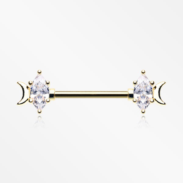 A Pair of Golden Crescent Moon Phase Marquise Sparkle Nipple Barbell-Clear Gem
