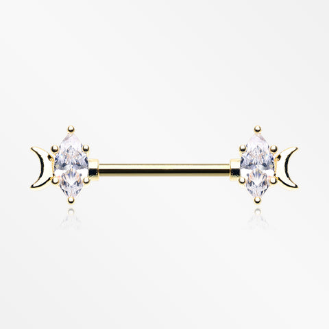 A Pair of Golden Crescent Moon Phase Marquise Sparkle Nipple Barbell-Clear Gem