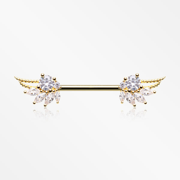 A Pair of Golden Guardian Angelic Wing Sparkle Nipple Barbell-Clear Gem