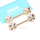 A Pair of Golden Luscious Lotus Sparkle Nipple Barbell-Clear Gem