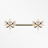 A Pair of Golden Luscious Lotus Sparkle Nipple Barbell-Clear Gem