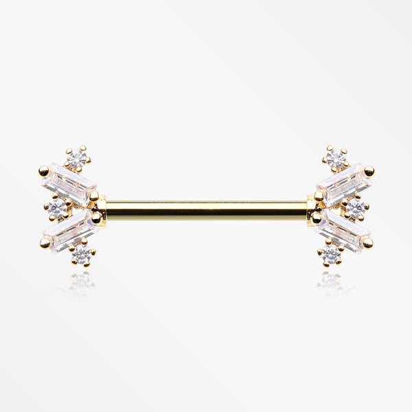 A Pair of Golden Sparkle Overload ZigZag Nipple Barbell-Clear Gem