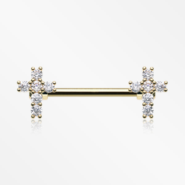 A Pair of Golden Brilliant Sparkle Cross Multi-Gem Nipple Barbell-Clear Gem