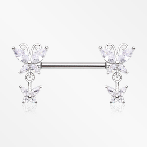 A Pair of Marquise Butterfly Duo Sparkle Dangle Nipple Barbell-Clear Gem