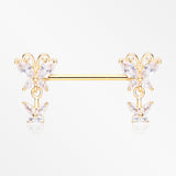 A Pair of Golden Marquise Butterfly Duo Sparkle Dangle Nipple Barbell-Clear Gem