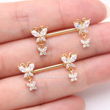 Detail View 2 of A Pair of Golden Marquise Butterfly Duo Sparkle Dangle Nipple Barbell-Clear Gem
