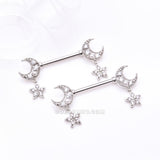 Detail View 1 of A Pair of Sparkle Crescent Moon Twinkle Dangle Nipple Barbell-Clear Gem