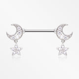A Pair of Sparkle Crescent Moon Twinkle Dangle Nipple Barbell-Clear Gem