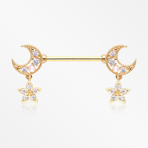 A Pair of Golden Sparkle Crescent Moon Twinkle Dangle Nipple Barbell-Clear Gem