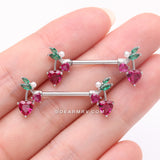 Detail View 2 of A Pair of Sparkle Cherry Heart Delight Nipple Barbell-Fuchsia/Green