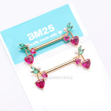 Detail View 3 of A Pair of Golden Sparkle Cherry Heart Delight Nipple Barbell-Fuchsia/Green