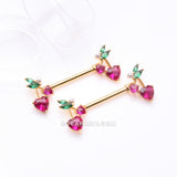 Detail View 1 of A Pair of Golden Sparkle Cherry Heart Delight Nipple Barbell-Fuchsia/Green