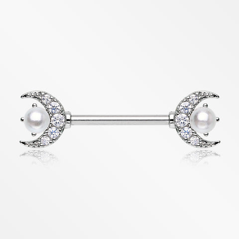 A Pair of Pearlescent Crescent Moon Sparkle Nipple Barbell-Clear Gem