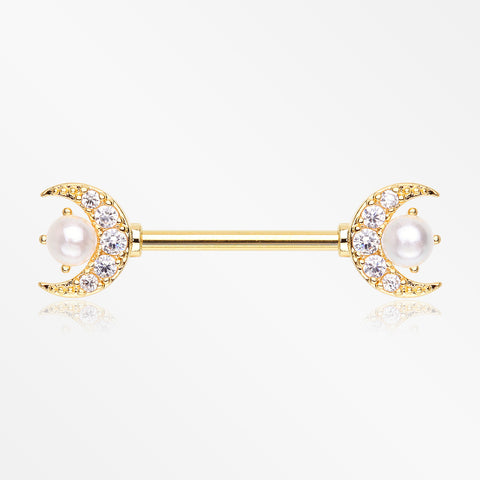 A Pair of Golden Pearlescent Crescent Moon Sparkle Nipple Barbell-Clear Gem