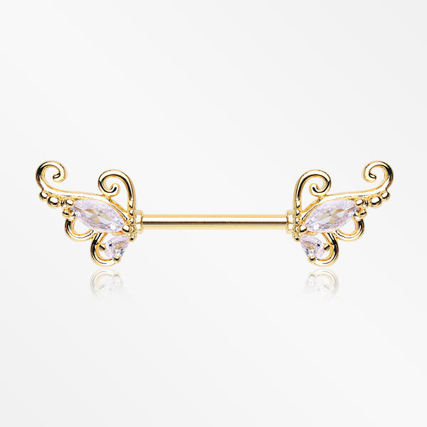 A Pair of Golden Luscious Sparkle Butterfly Elegance Nipple Barbell-Clear Gem