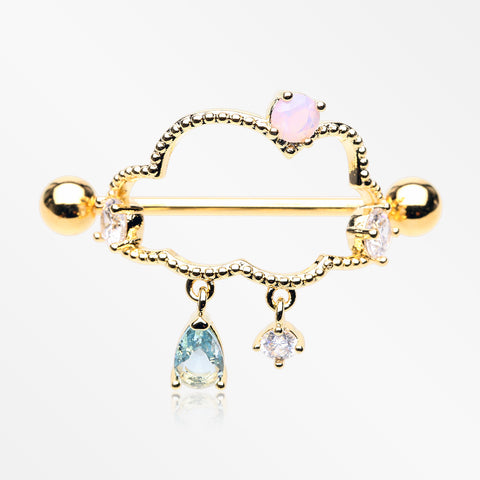 A Pair of Golden Adorable Cloud Rainy Sparkles Dangle Nipple Shield-Clear/Rose Water Opal/Aqua