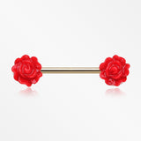 A Pair of Golden Acrylic Rose Blossom Nipple Barbell Ring-Red