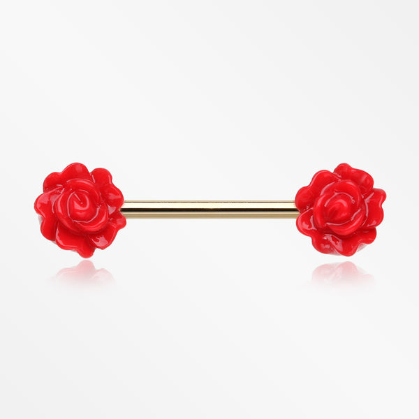 A Pair of Golden Acrylic Rose Blossom Nipple Barbell Ring-Red