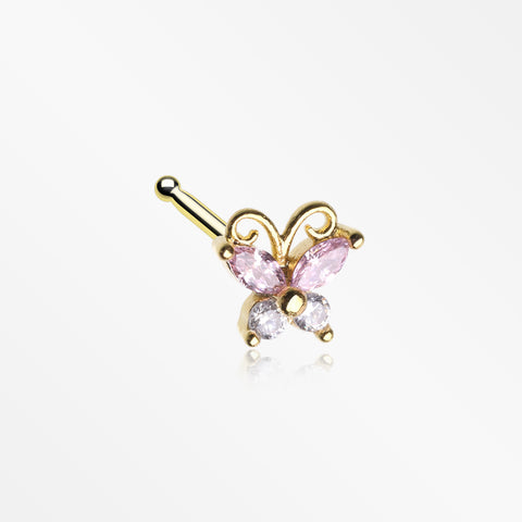 Golden Dainty Butterfly Rose Sparkle Multi-Gem Nose Stud Ring-Pink/Clear Gem