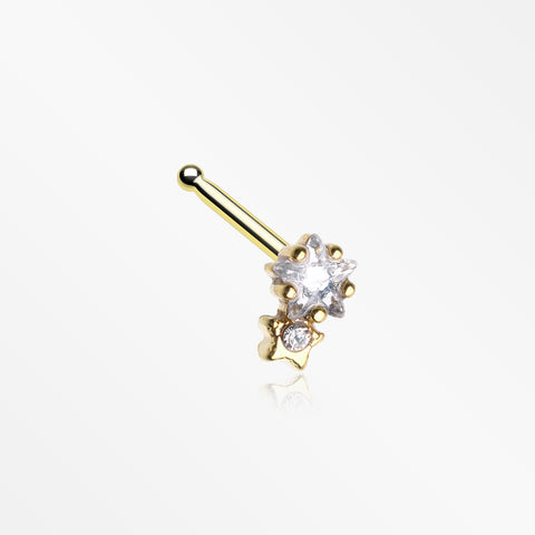 Golden Twinkle Double Star Sparkle Nose Stud Ring-Clear Gem