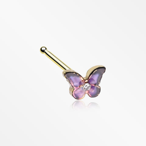 Golden Mystic Purple Butterfly Sparkle Nose Stud Ring-Clear Gem/Purple