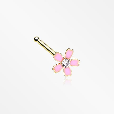 Golden Cherry Blossom Flower Sparkle Nose Stud Ring-Clear Gem/Pink