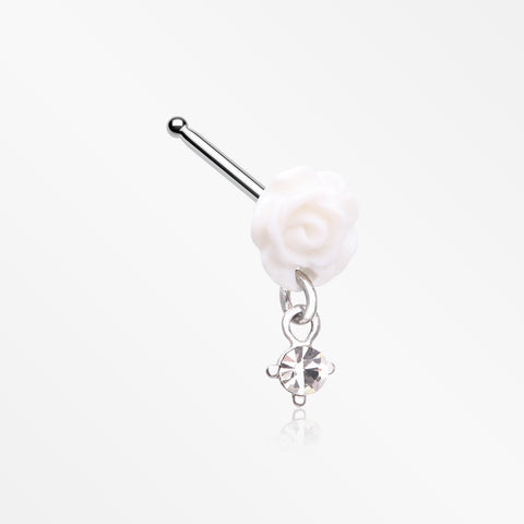 Blossom Rose Sparkle Dangle Nose Stud Ring-White/Clear Gem
