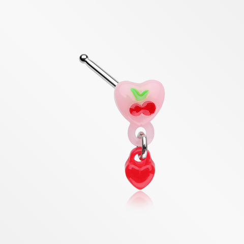 Kawaii Pop Cherry Heart Dangle Nose Stud Ring-Pink/Red