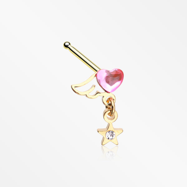 Golden Angel Heart Sparkle Star Dangle Nose Stud Ring-Pink/Clear Gem