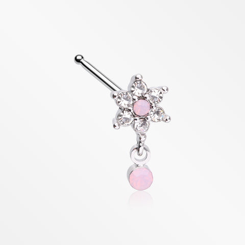 Brilliant Rose Pink Flower Sparkle Dangle Nose Stud Ring-Rose Water Opal/Clear Gem