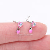 Detail View 3 of Pink Power Iridescent Puffy Heart Dangle Nose Stud Ring-Pink/Aurora Borealis