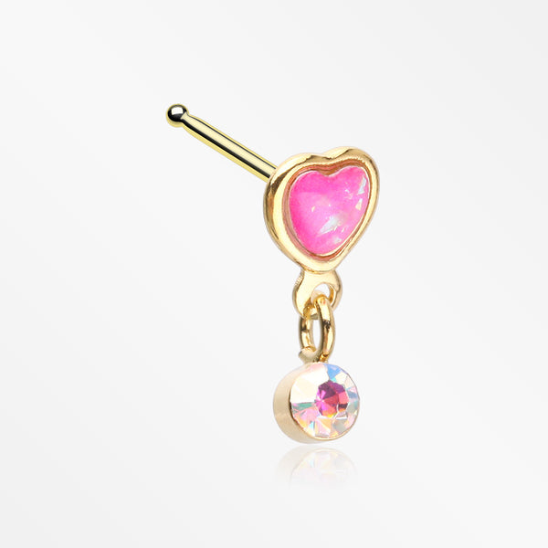 Golden Opalescent Glitter Heart Sparkle Dangle Nose Stud Ring-Pink/Aurora Borealis