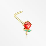 Golden Vintage Enchanted Stem of Rose L-Shaped Nose Ring-Red/Green