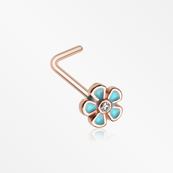 Rose Gold Adorable Plumbago Flower Sparkle L-Shaped Nose Ring-Clear