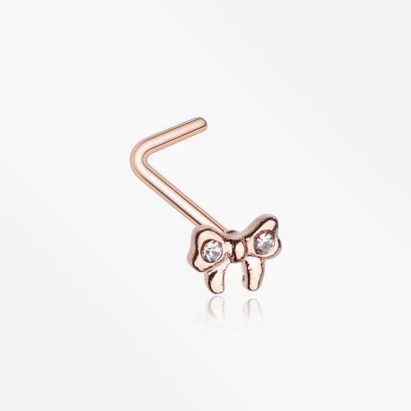 Rose Gold Dainty Bow-Tie Sparkle L-Shaped Nose Ring-Clear