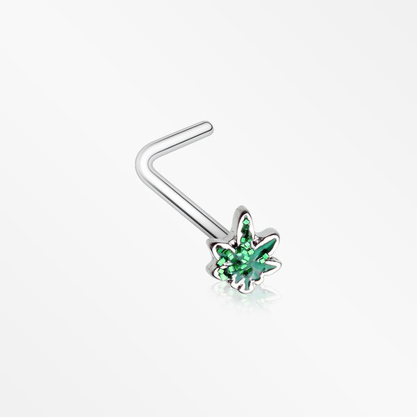 Glitter Sparkle Cannabis L-Shaped Nose Ring-Green