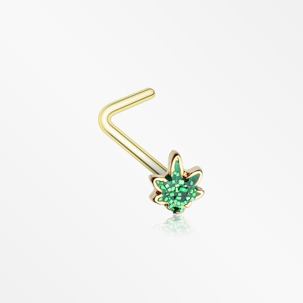 Golden Glitter Sparkle Cannabis L-Shaped Nose Ring-Green