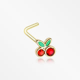 Golden Juicy Cute Cherry Sparkles L-Shaped Nose Ring-Red/Green