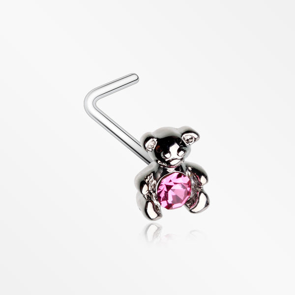Adorable Teddy Bear Sparkle L-Shaped Nose Ring-Pink