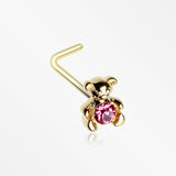 Golden Adorable Teddy Bear Sparkle L-Shaped Nose Ring-Pink