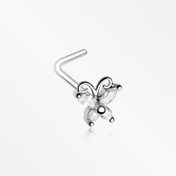 Dainty Butterfly Sparkle Multi-Gem L-Shaped Nose Ring-Clear Gem