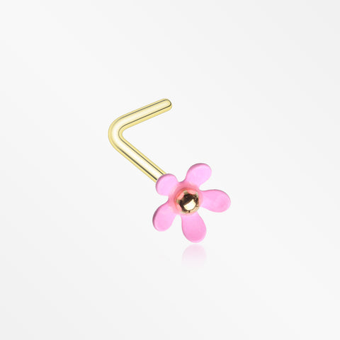 Golden Pink Summer Flower L-Shaped Nose Ring-Pink