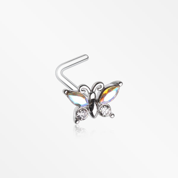 Butterfly Aurora Sparkle L-Shaped Nose Ring-Aurora Borealis/Clear Gem