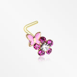 Golden Pink Butterfly Flower Sparkle L-Shaped Nose Ring-Clear Gem/Fuchsia