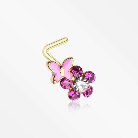 Golden Pink Butterfly Flower Sparkle L-Shaped Nose Ring-Clear Gem/Fuchsia