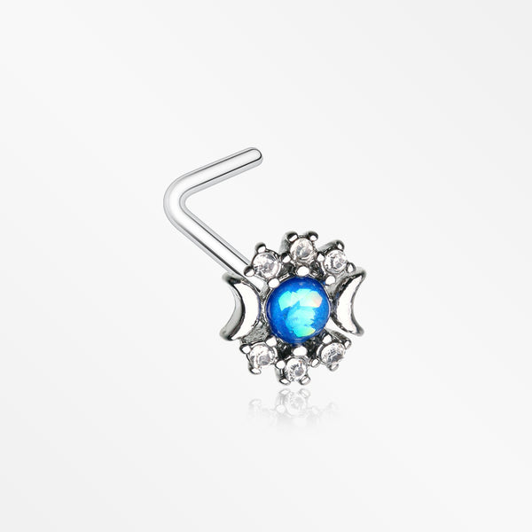 Celestial Opalescent Moon Goddess Sparkle L-Shaped Nose Ring-Blue/Clear Gem